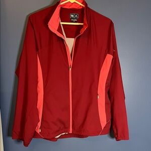 Adidas Clima-proof wind jacket, burgundy & coral-pink trim, mesh vent, zip front
